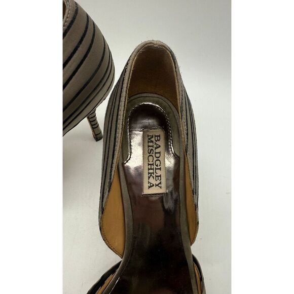 Badgley Mischka Taupe Black Stripe Peep Toe Heels Size 9 - Picture 2 of 10